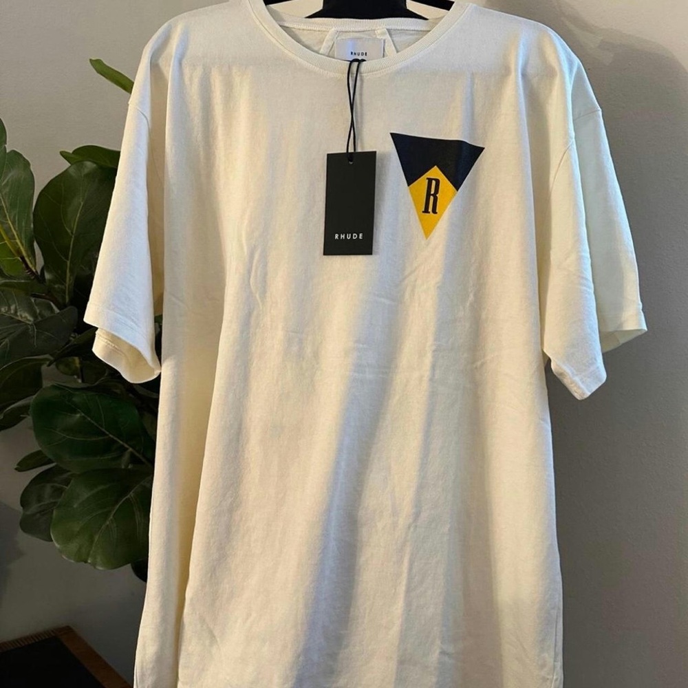 Rhude White Tee with Black and Yellow Emblem